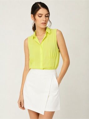 MANGO Sleeveless Collared Yellow-Green Blouse - Small